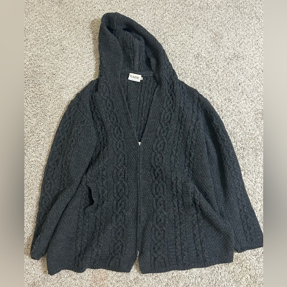 SAOL Merino Wool Women's Aran Zip Hooded Jacket Ireland Size XXL Winter Sweater